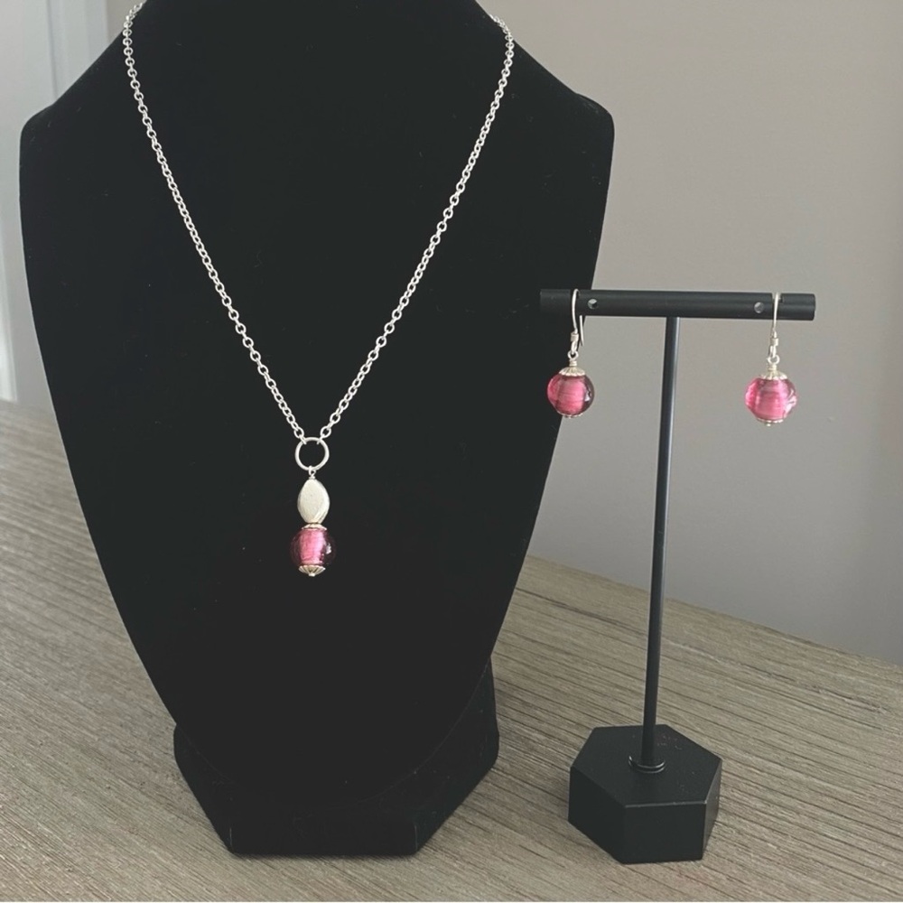 NEW handmade Murano glass bead/.925 necklace&earrings w/extender/Fleur de lis